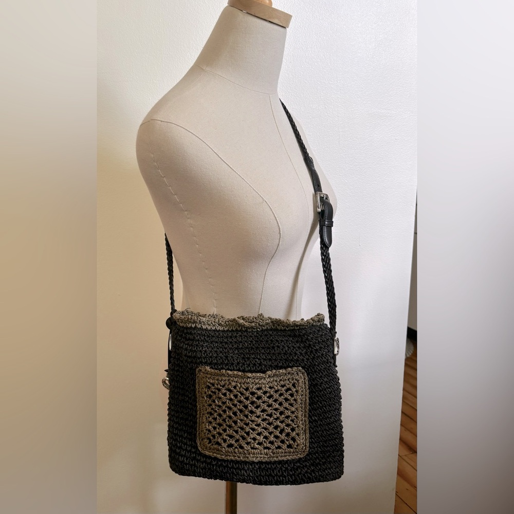 Brighton woven bag purse, leather braided adjustable strap, charm GUC.